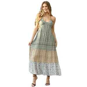 Angie Green Mixed Print Tiered Halter Maxi Dress C4G07-FR43